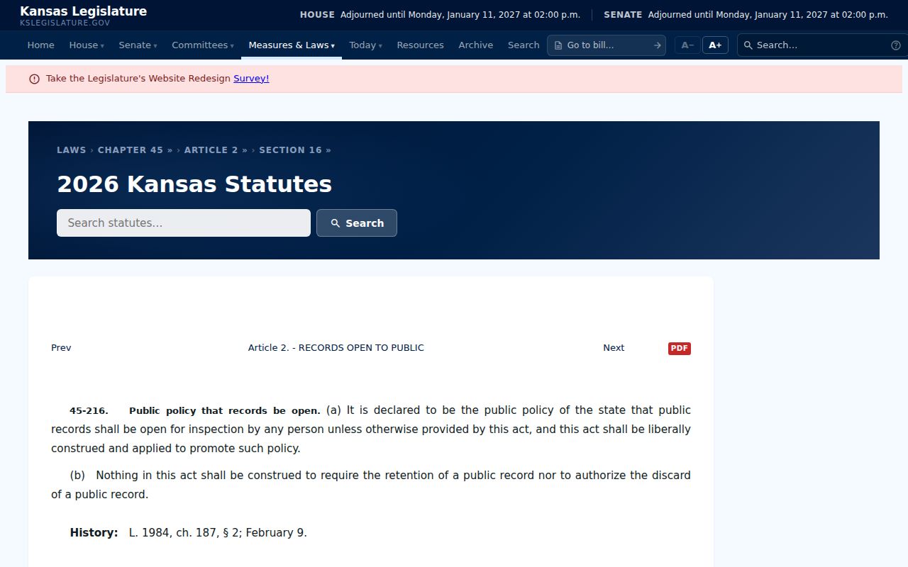 Kansas statute 45-216 public records policy page