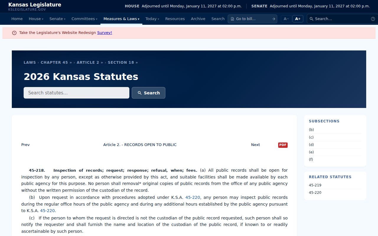 Kansas statute 45-218 inspection and response page